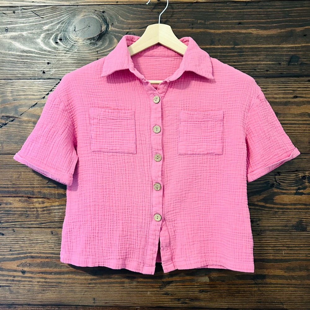 Pink Button Down Top Womens S Gauze Texture Barbiecore Lightweight Boho Coastal